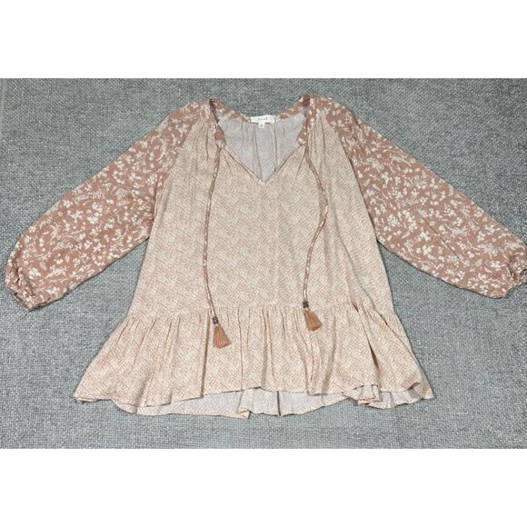 Be Cool Top Womens Large‎ Cream Pink Floral Geometric Rayon Boho - Picture 3 of 9